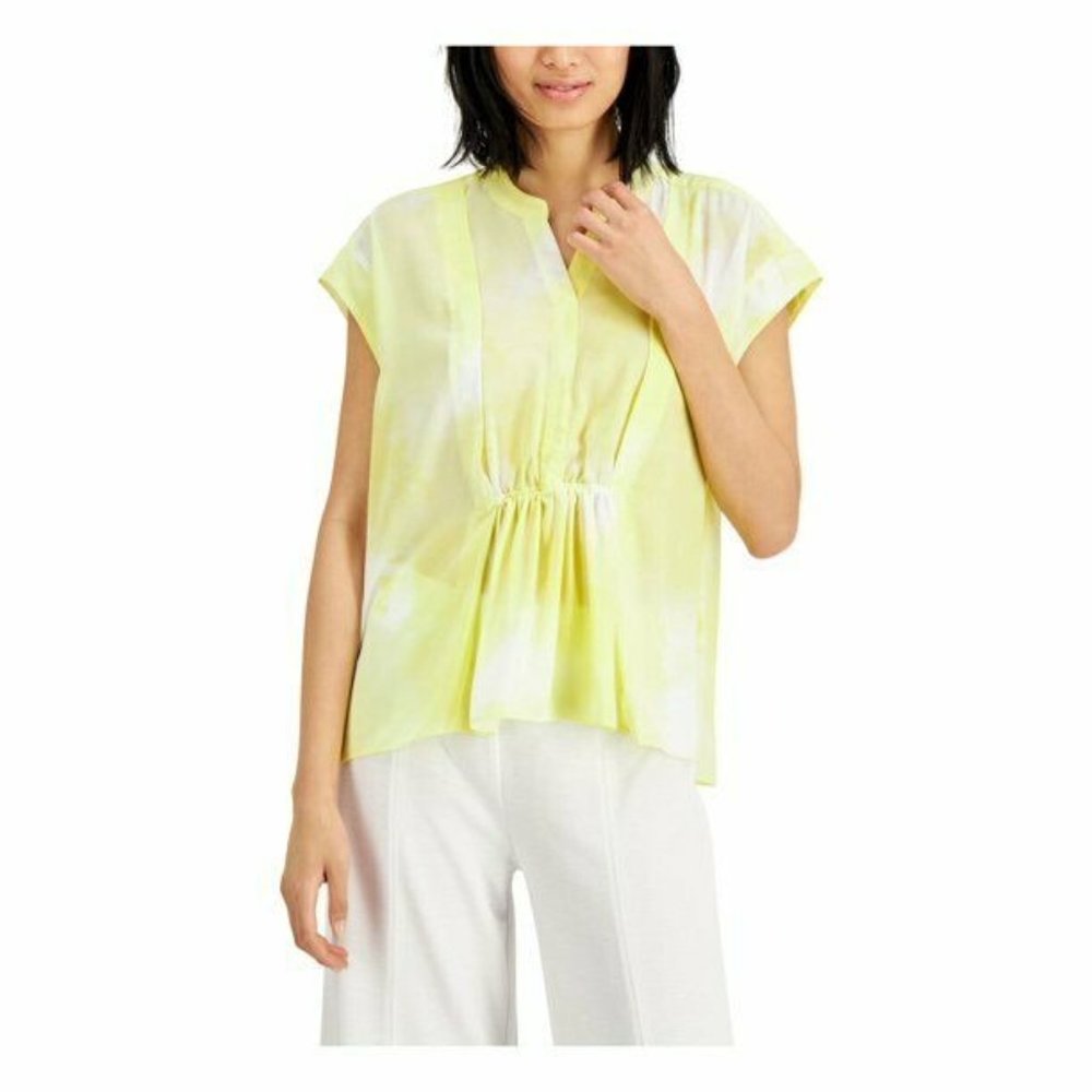 ALFANI Women's Blouse Yellow Acid Wash Cap Sleeve Tunic Top Top Size Large $59